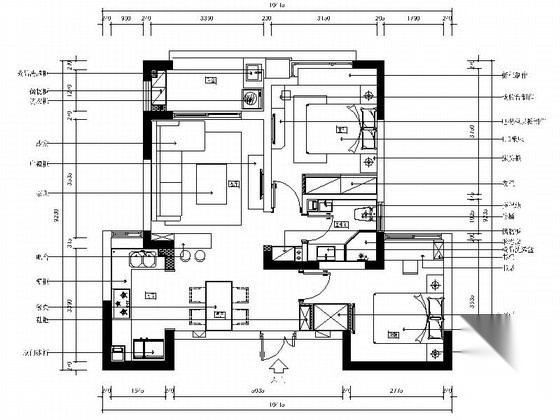 [杭州]设施齐全的现代两居室室内设计CAD施工图 平层