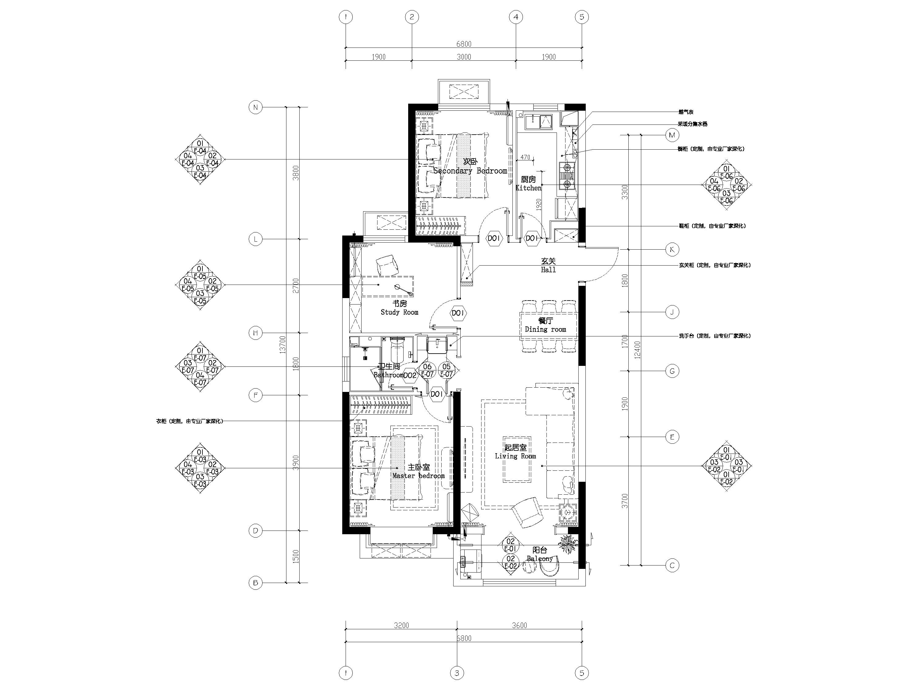 [济南]瑞公馆77㎡现代两居室样板间施工图 平层