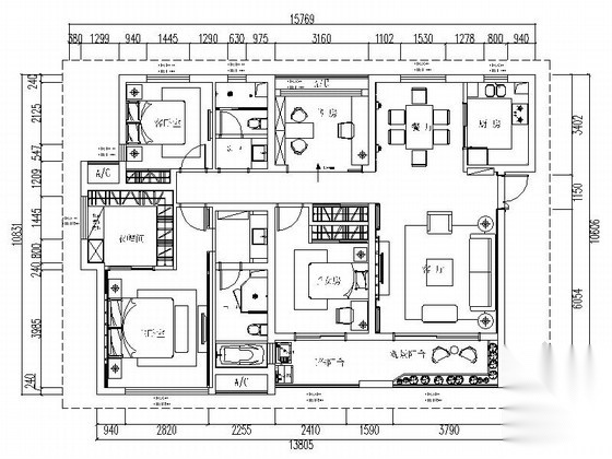 [上海]东方意韵现代新中式四居室CAD装修施工图（含效果... 大平层