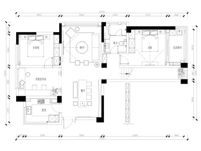 [上海]190m²二居室家装样板间施工图+3D模型 平层