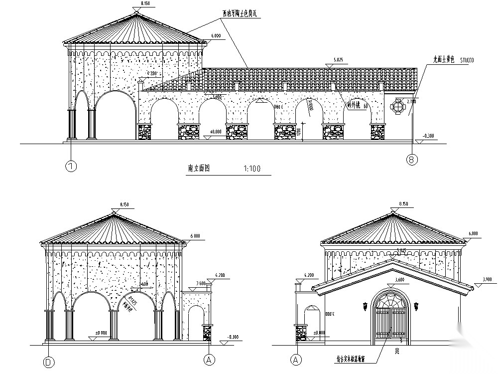 西班牙风格独栋单层售楼处建筑设计方案施工图CAD