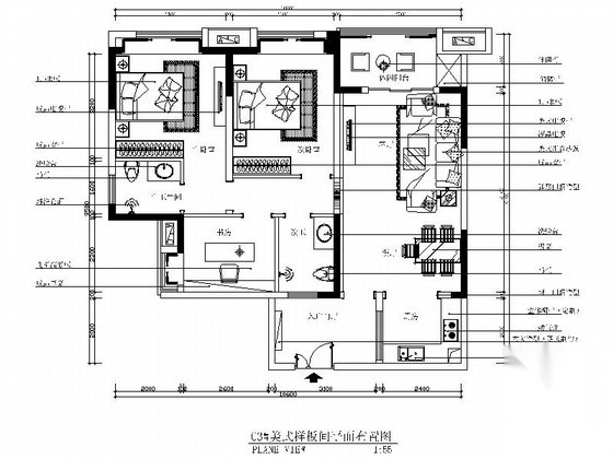 [重庆]精品美式风情三居室样板间装修施工图（含效果） 平层