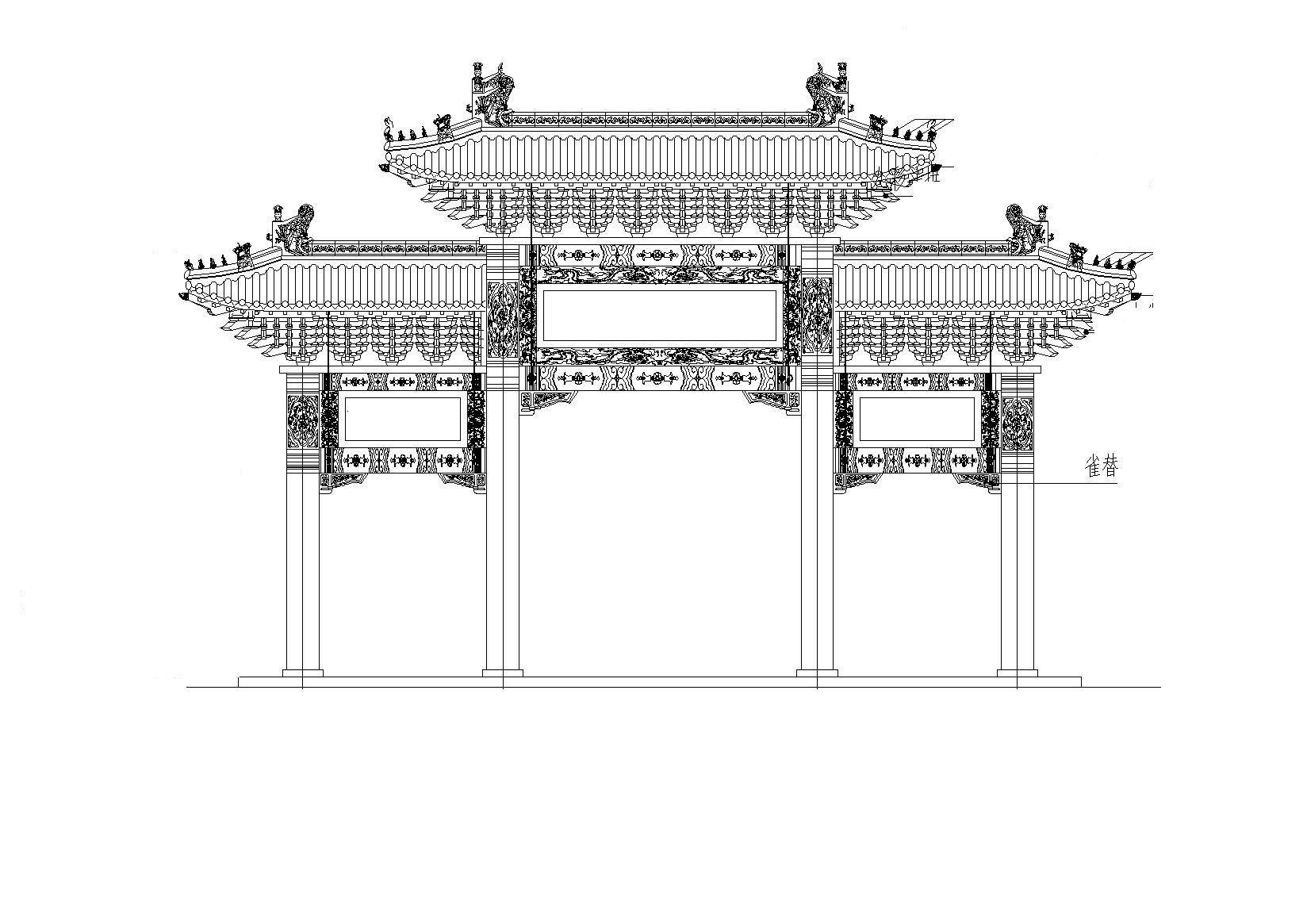 四柱三楼牌坊CAD图纸 建筑通用节点