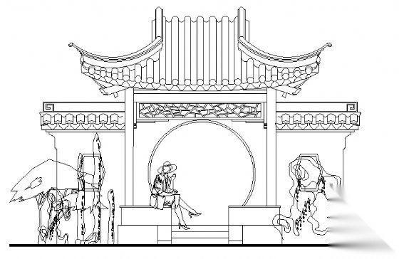 古建亭子建筑方案图系列-景墙月洞方亭