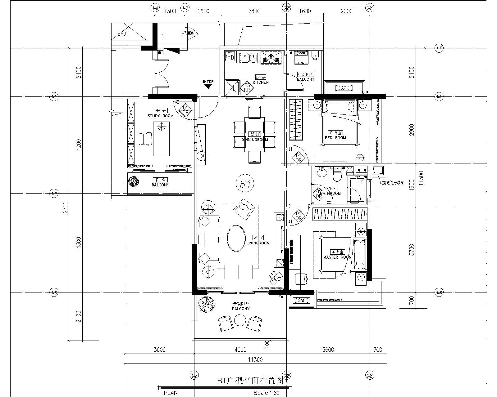 [上海]现代舒适小户型2居室室内设计CAD图 平层