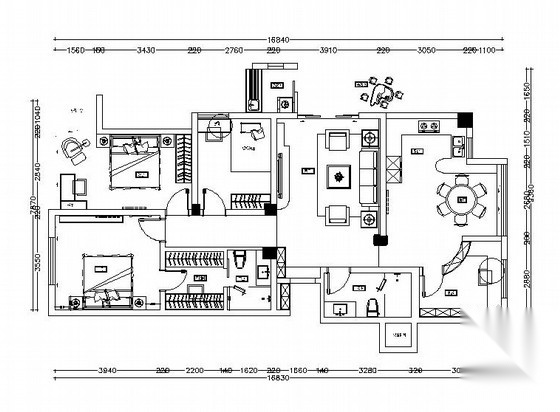 [深圳]时尚简约三室两厅室内设计CAD施工图 平层