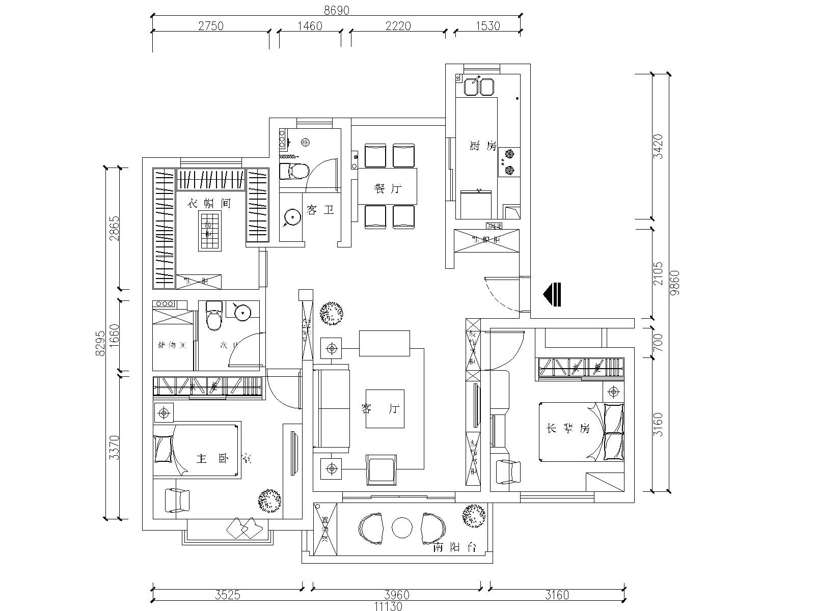 现代简约风格两居室住宅装修施工图+效果图 平层