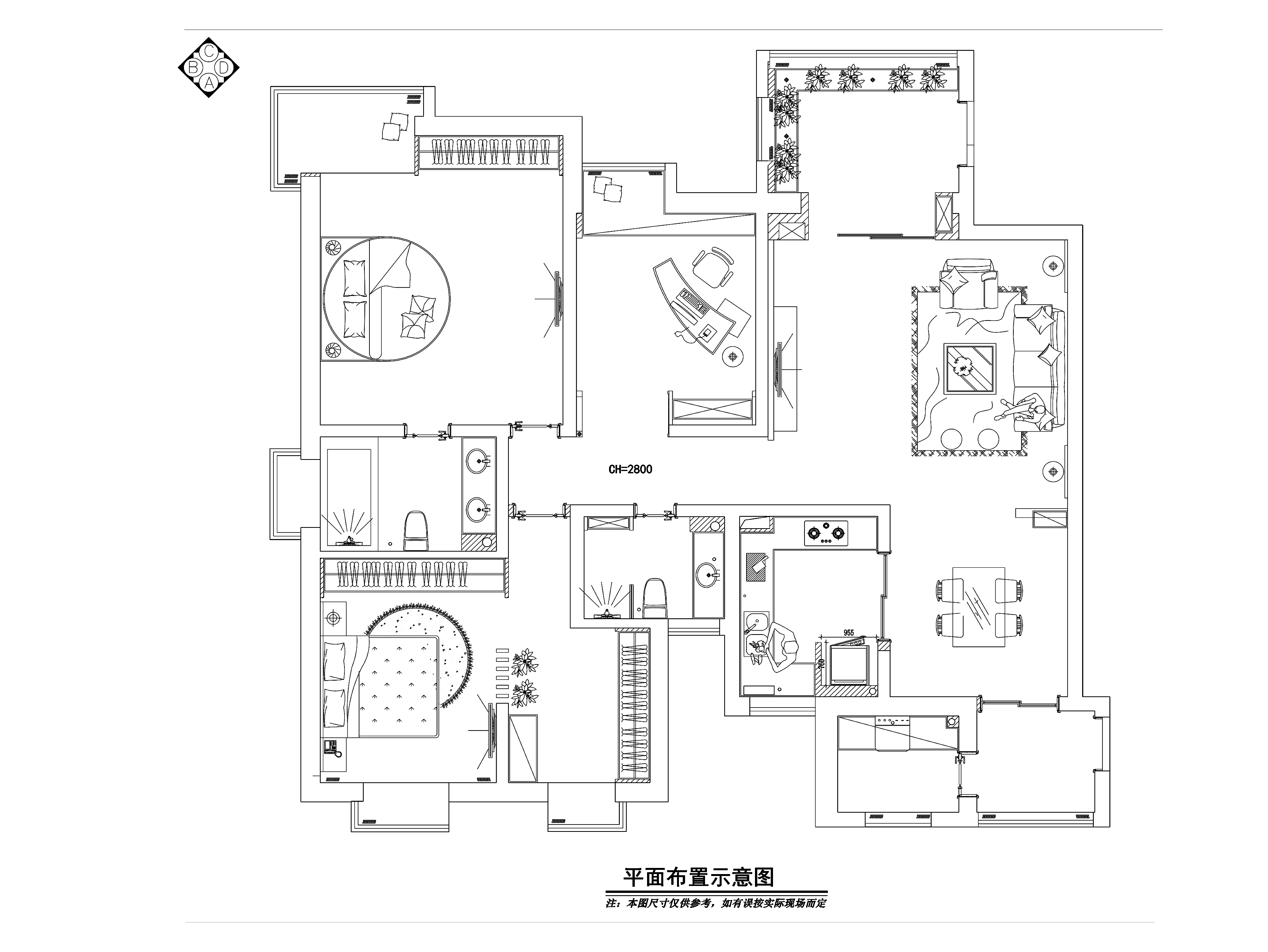 两居室东南亚风格住宅装修 施工图 效果图 平层