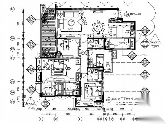 [上海]现代舒适温馨三居室样板间CAD施工图 平层