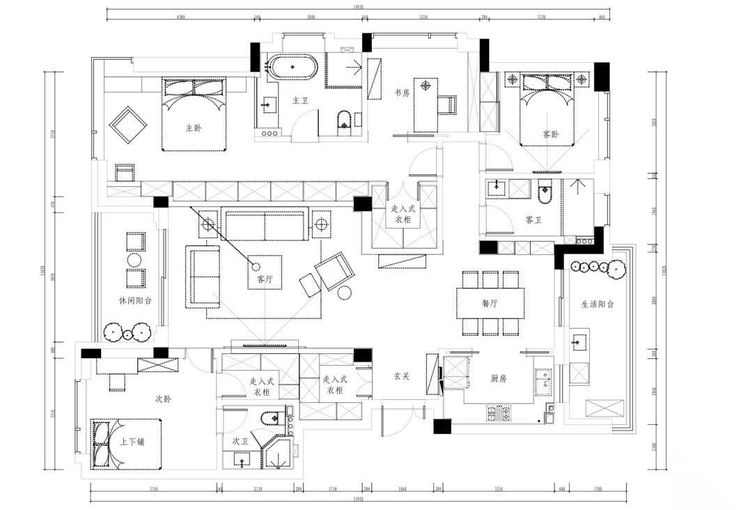 [杭州]凯旋门三居室住宅设计施工图及效果图