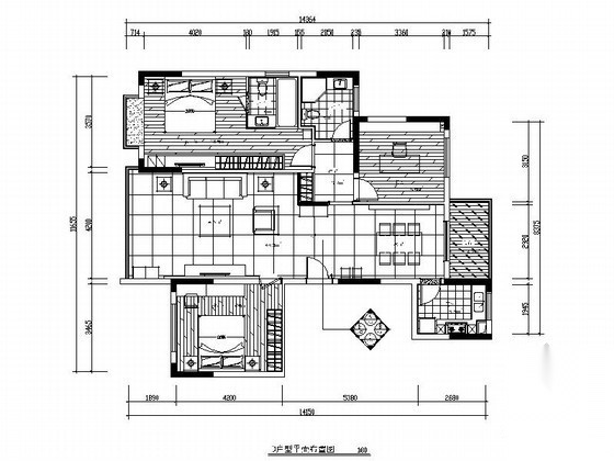 温馨时尚D户型三居室样板房施工图（含效果） 平层