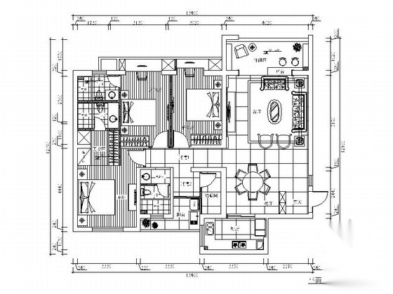 [福建]139平欧式风格三居室室内装修施工图（含效果图） 平层