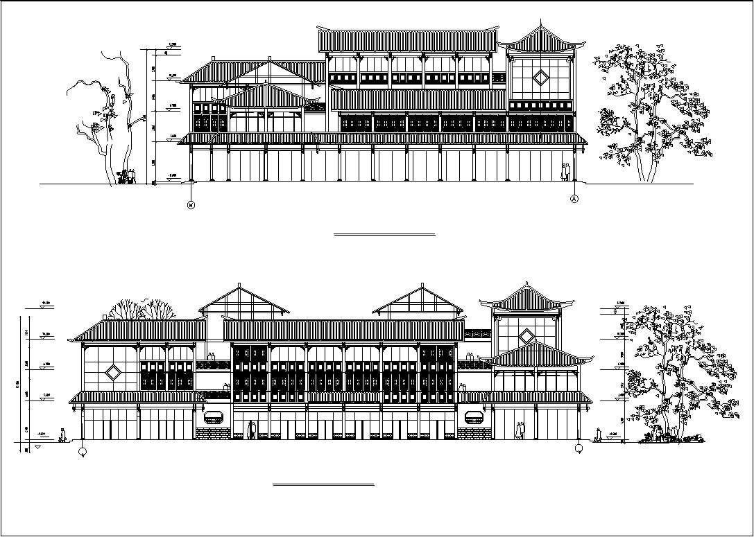 中式仿古多层民居式客栈建筑设计初设图CAD