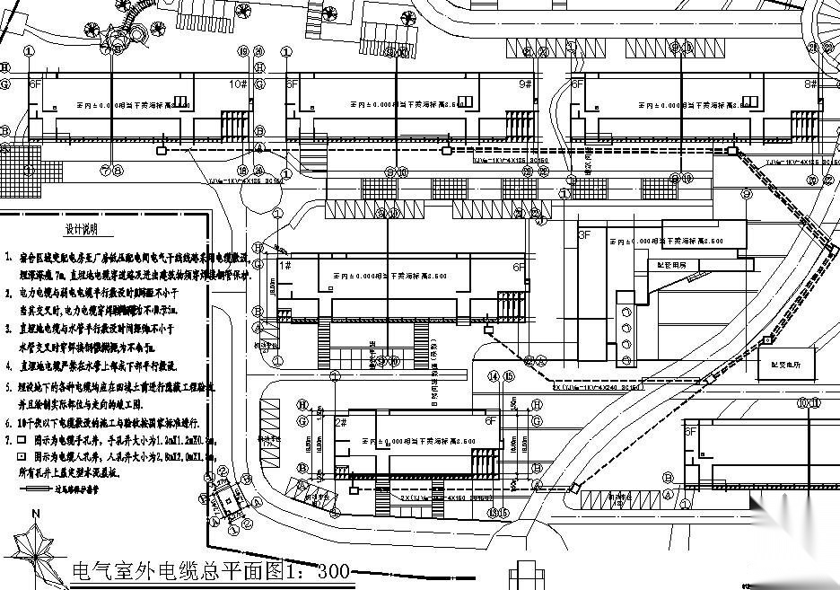 某宿舍楼电气室外电缆平面图