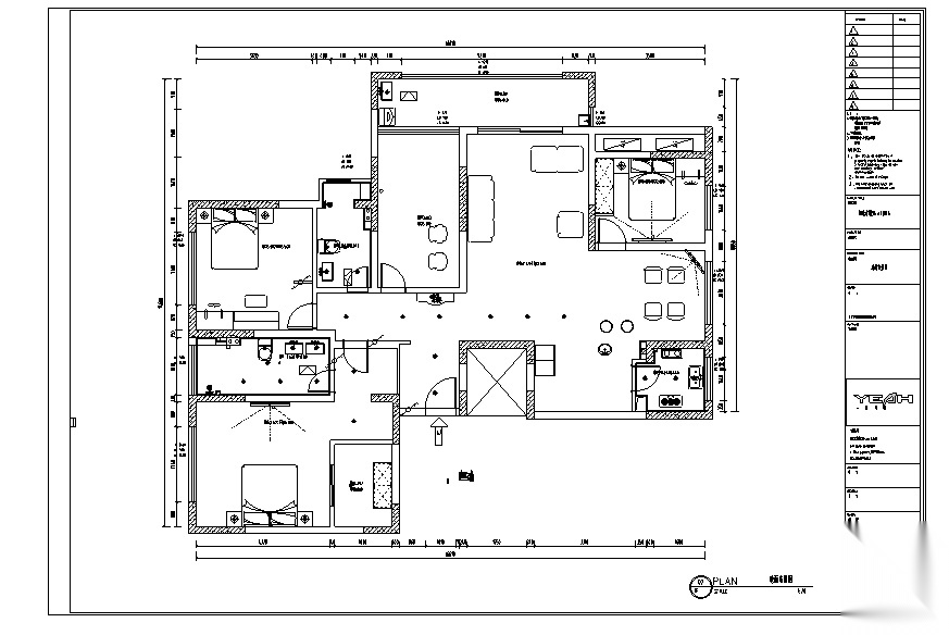 现代简约四居室住宅空间设计施工图（附效果图） 平层