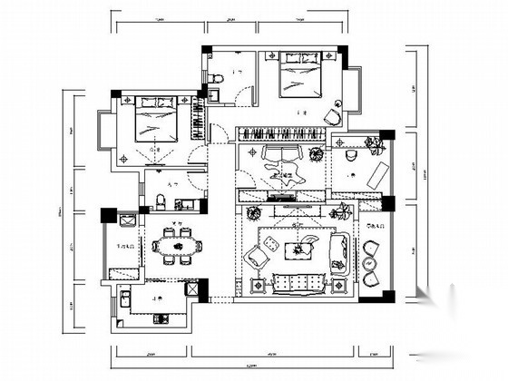 温馨简约现代风格三居室样板间室内装修施工图（含效果） 平层