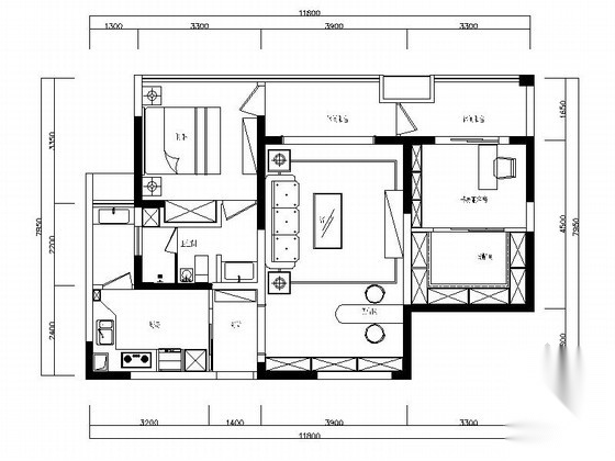 休闲简约田园风情两居室样板间CAD装修施工图（含效果及... 平层