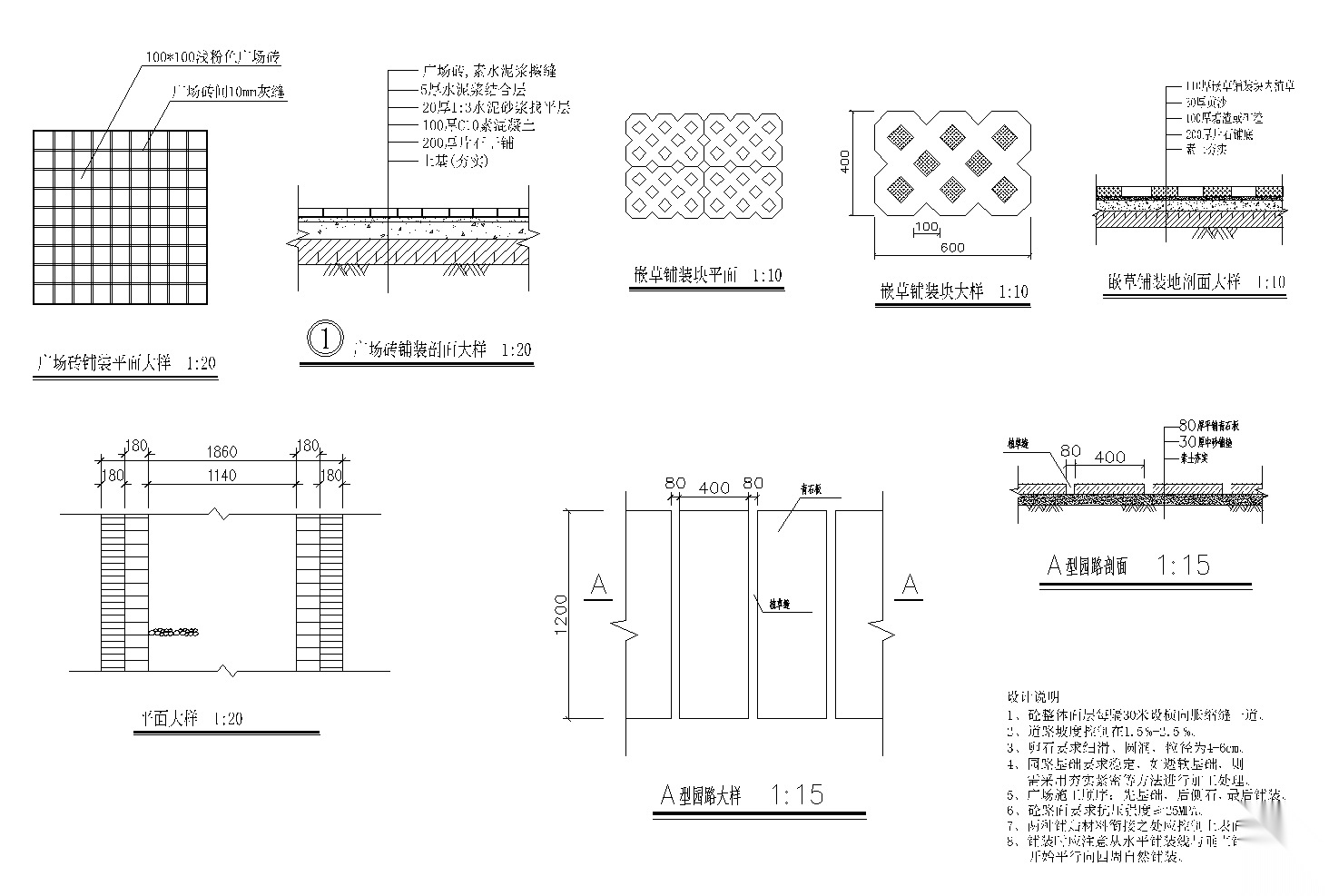 广场铺装,嵌草铺装,青石板卵路石园路施工图