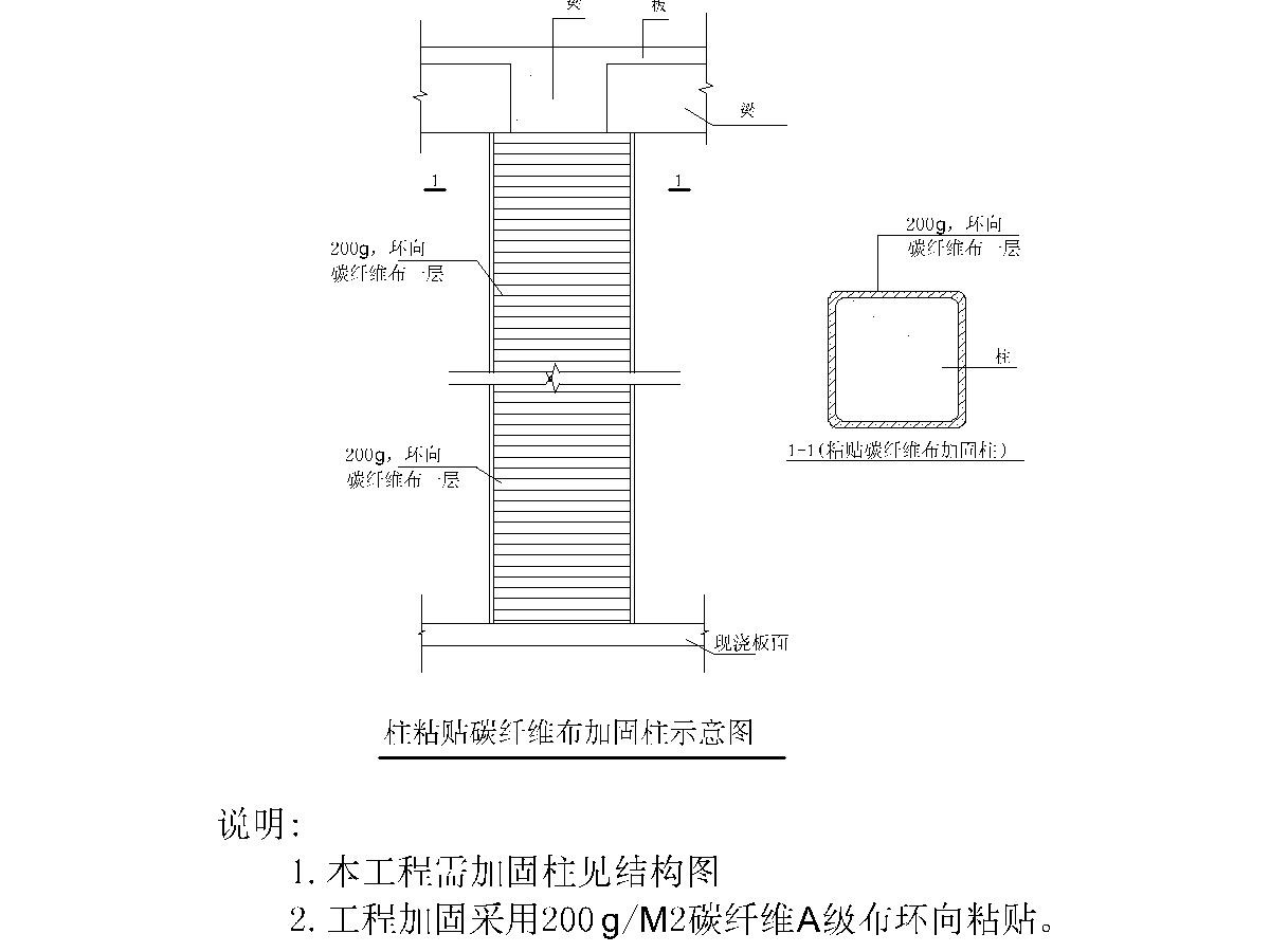 玻璃制品厂柱粘贴碳纤维布加固施工图 抗震加固结构