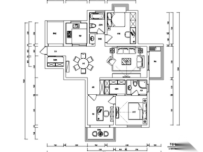 现代简约风蓝色淡雅三居室住宅设计施工图（附效果图） 平层