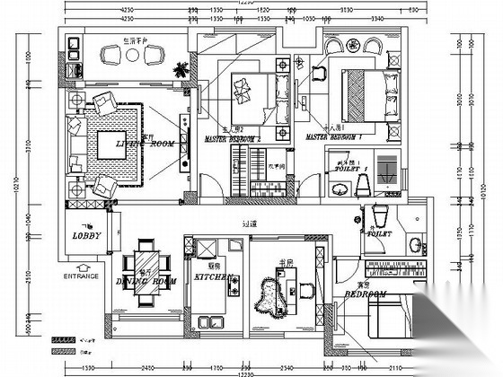 [绍兴]欧式风格三居室住宅装修CAD施工图（含效果图） 平层