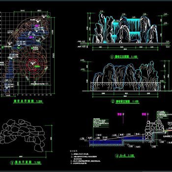园林景观-假山瀑布CAD平立面