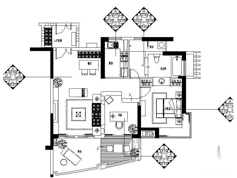 [三亚]某三居室样板间B1户型施工图（含效果） 平层