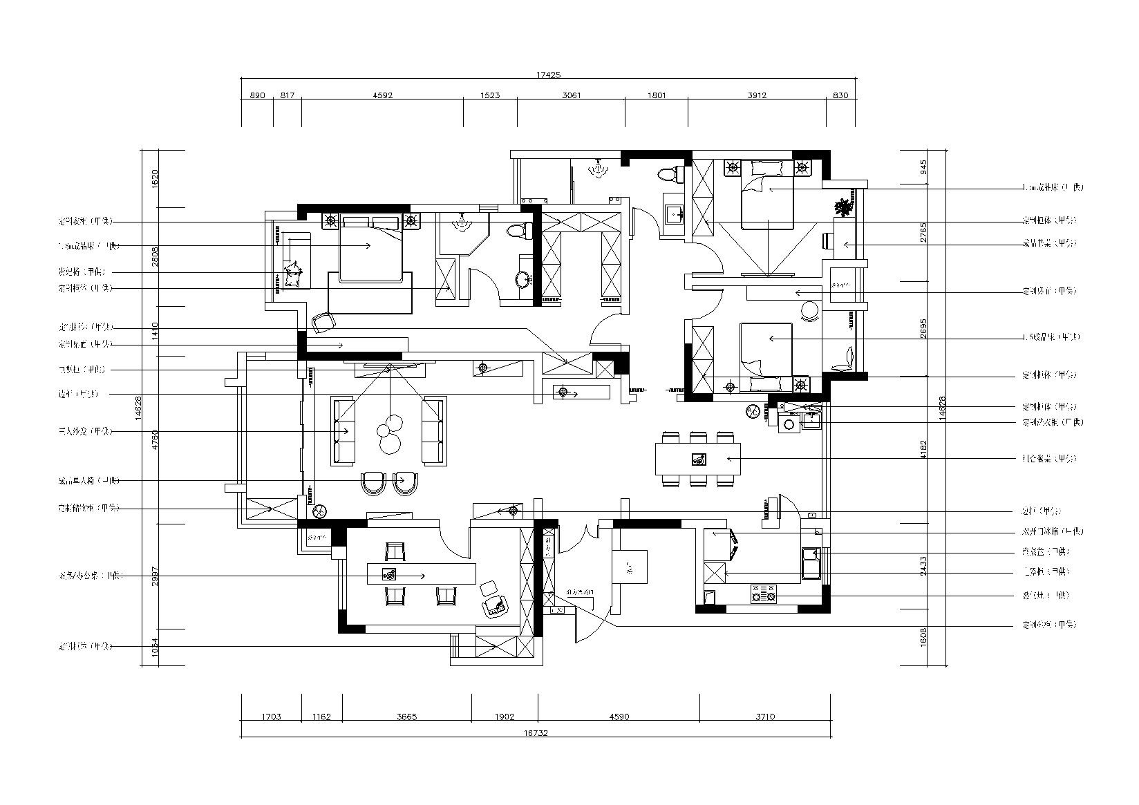 依山郡法式风格三居室样板间施工图+效果图 平层