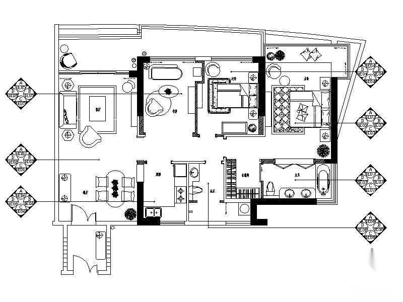 [三亚]某三居室样板间C1户型施工图（含效果） 平层