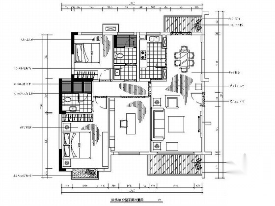 精品F户型三居室样板间施工图（含效果） 平层