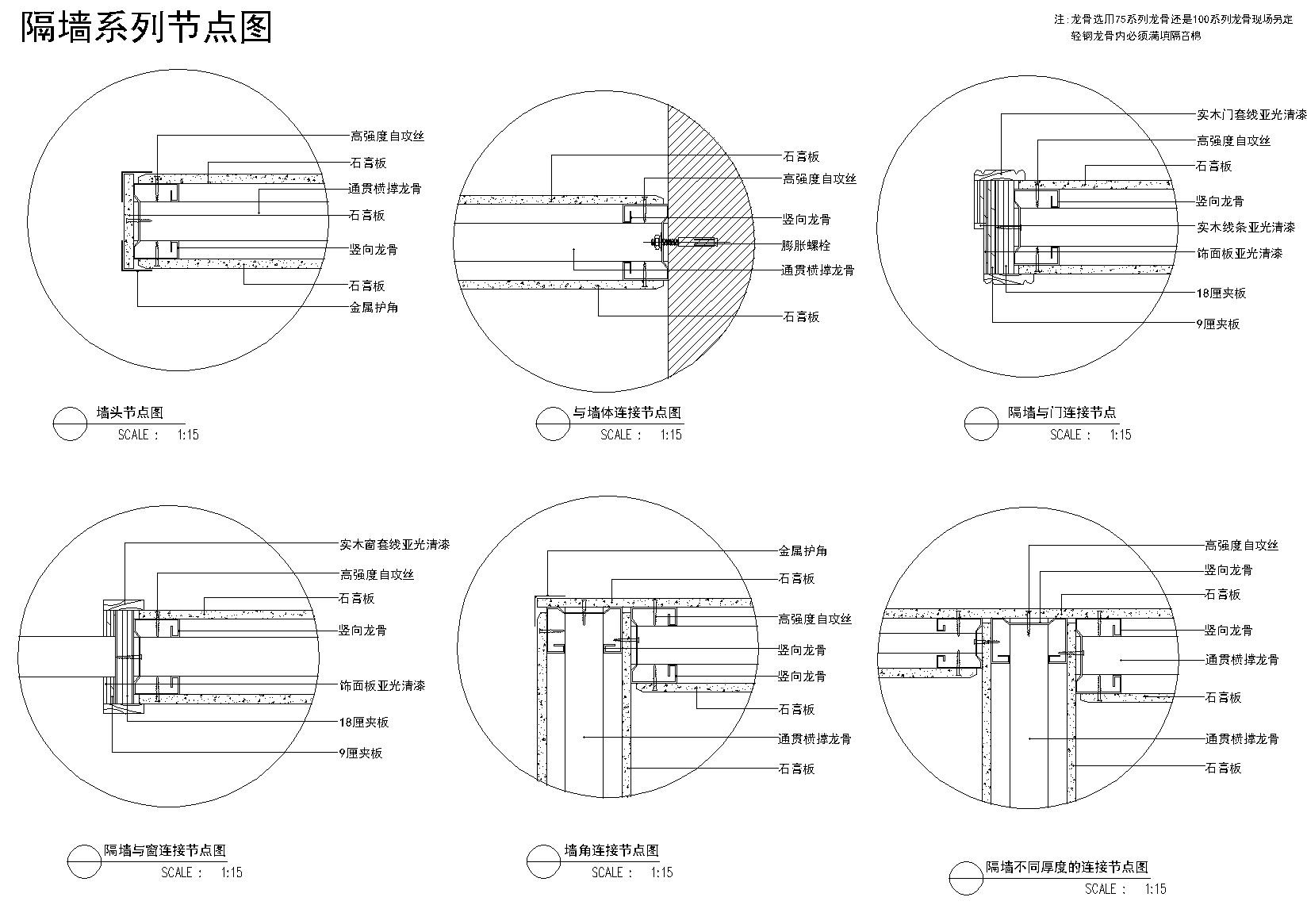 室内隔断、隔墙节点大样图（玻璃，龙骨等）