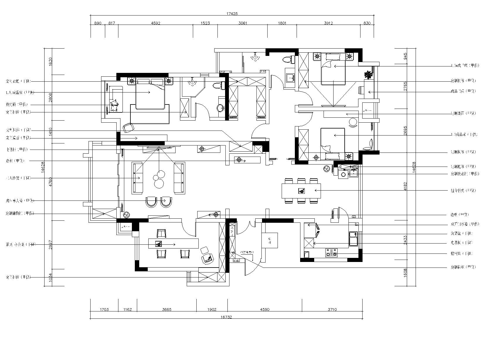 [湖北]宜昌170㎡法式三居室施工图 效果图 平层