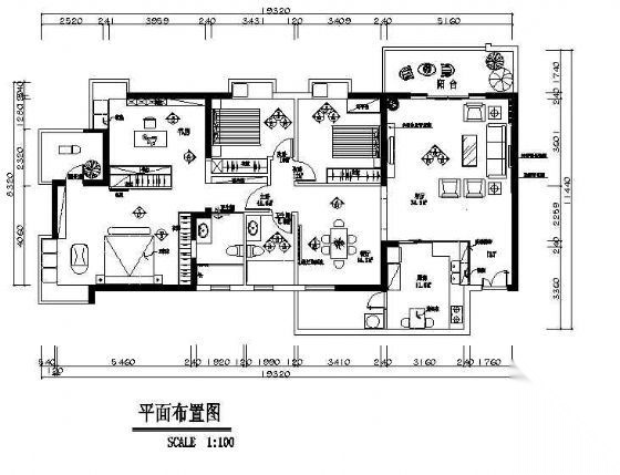 三居室家装设计施工图 平层