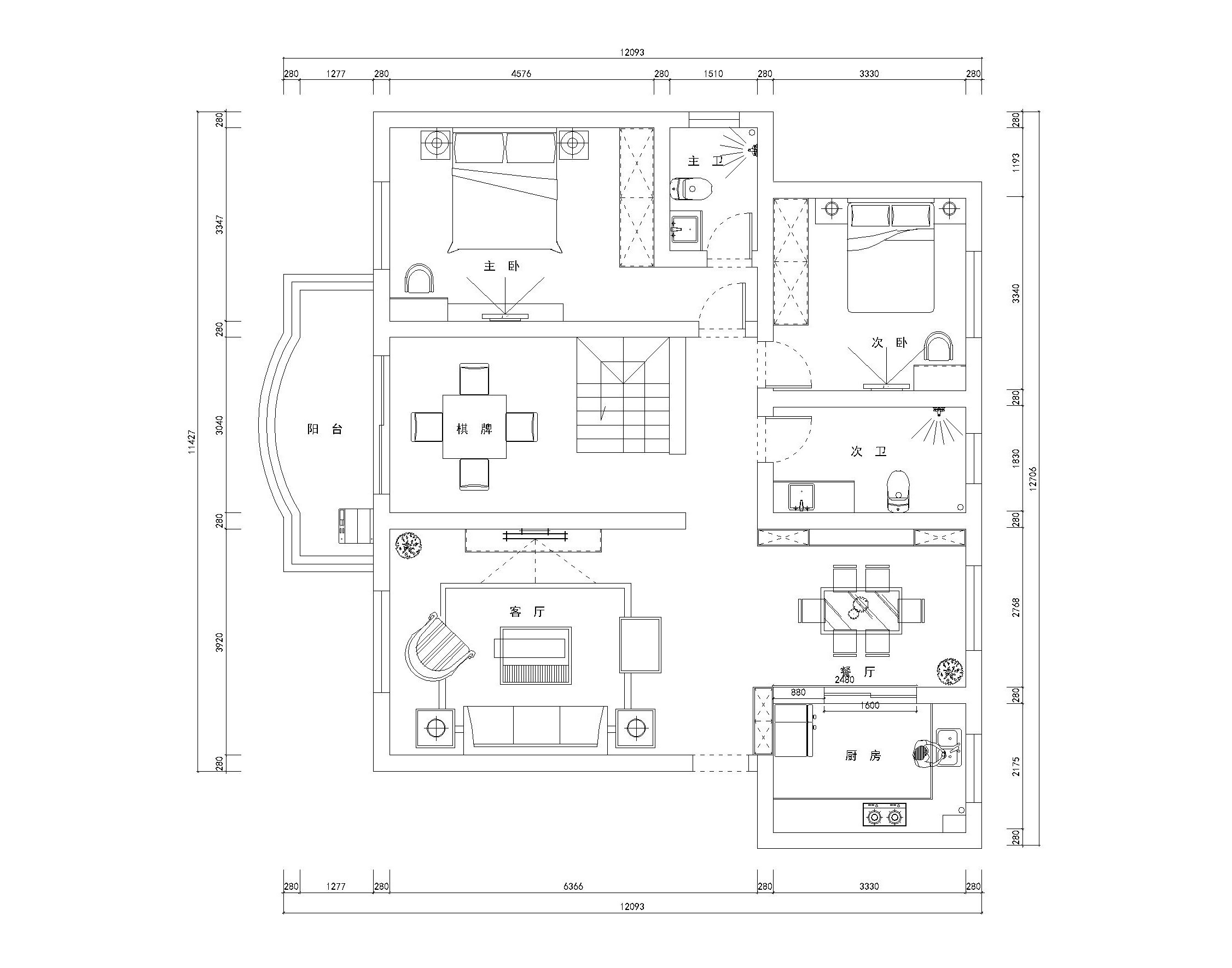 两层现代风格四居室住宅装修施工图+效果图 平层