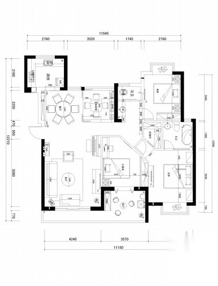 [武汉]新古典130平米三居室装修CAD施工图（含效果图） 平层