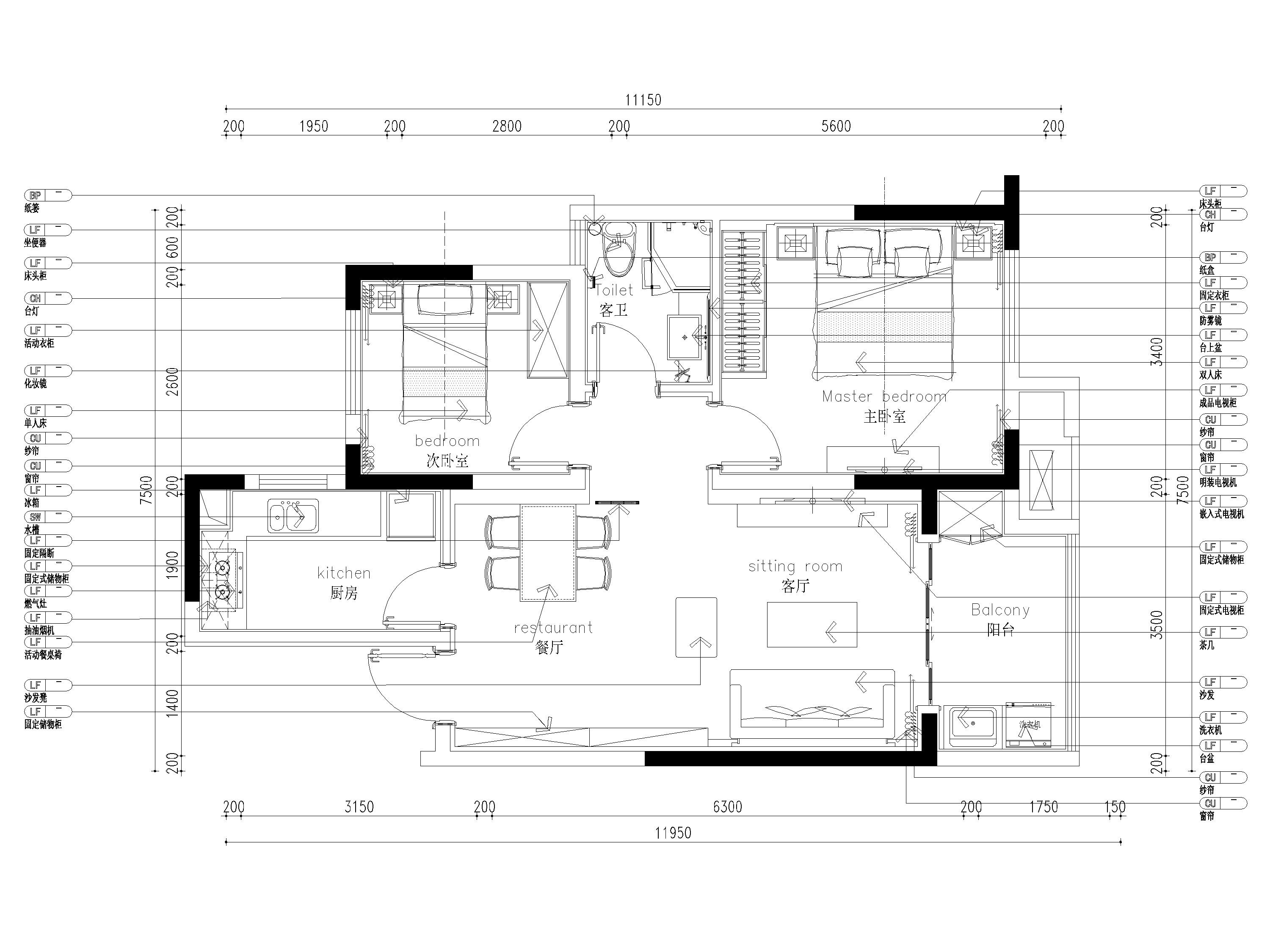 [江苏]85㎡现代两居室家装样板间设计施工图 平层